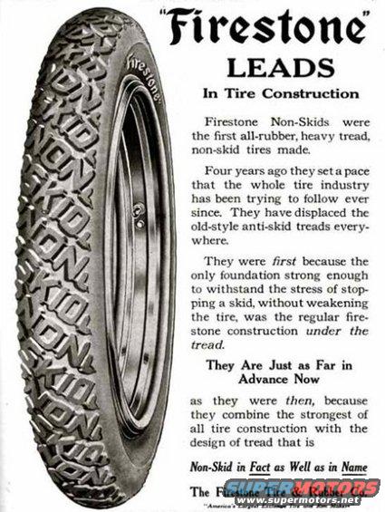 Advertisement for Firestone Non-Skid tires showing a close-up of a tire tread