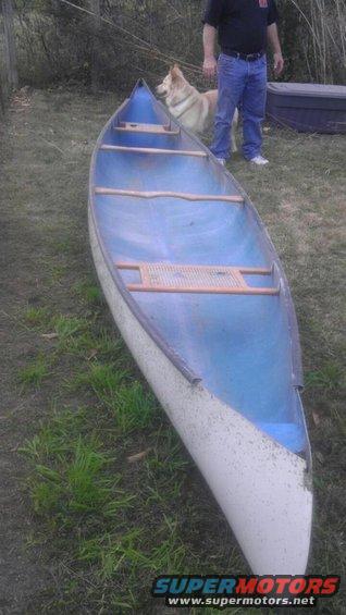 Canoe on grass with a person and dog nearby