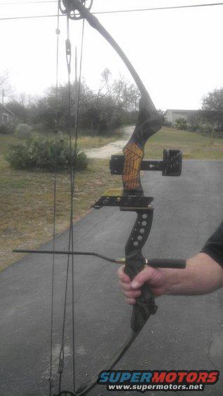 Compound bow held by a person's hand, with a stabilizer and sight attached. Outdoor background with trees and a house
