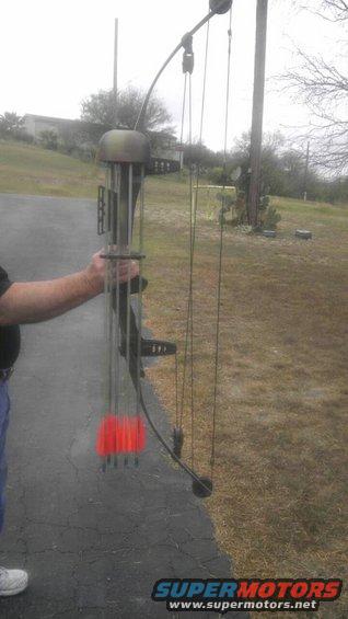 Compound bow with quiver of red-fletched arrows