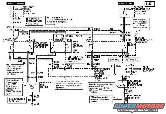 Diagram of a 1993 Ford Probe's A/C system, showing relays, fan motor, and control module