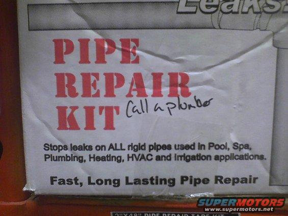 Packaging for a pipe repair kit with text 'PIPE REPAIR KIT' and handwritten 'Call a plumber'
