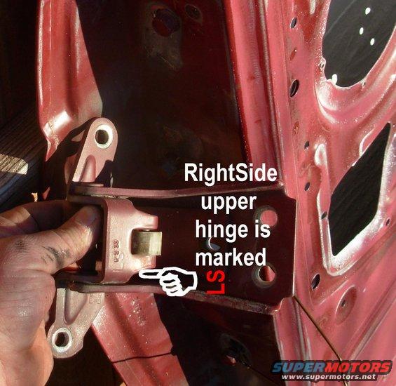 hingewrong.jpg Lower door hinges are identical & interchangeable side-to-side, and for all years '80-96.  Upper hinges differ slightly by year (though they're still interchangeable) AND by side.  Fortunately, the subcontractor who made them for Ford carefully labelled them for easy identification: LS on right-side hinges, and RS on left-side hinges.