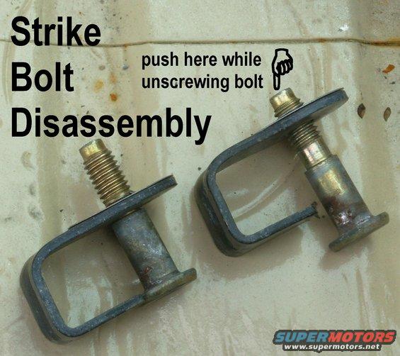 strikebolts.jpg To replace [url=http://www.amazon.com/dp/B000COCRHI/]the sleeve[/url] on a strike bolt, unscrew the bolt from the washer.  If the bolt has been overtightened, it may be necessary to use mechanical force to start the threads.

Striker bolt torque is 24-33lb-ft (33-45Nm).

For door alignment, see this post:
http://www.fourdoorbronco.com/board/showthread.php?6884-Door-Alignment

For pics of another door being installed, see this album:
http://www.supermotors.net/registry/2742/66137-4