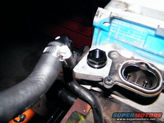 Black hex plug on engine component with hose clamp and hose