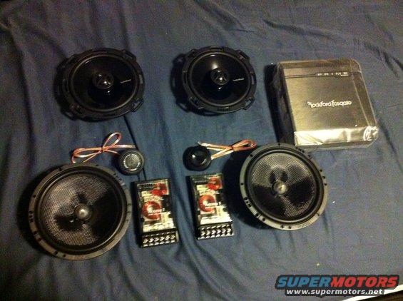 Focal Access 165 A1 components for the front, Rockford Fosgate P165 coaxials for the rear, and a Rockford Fosgate R125-2 to power the Focals.
