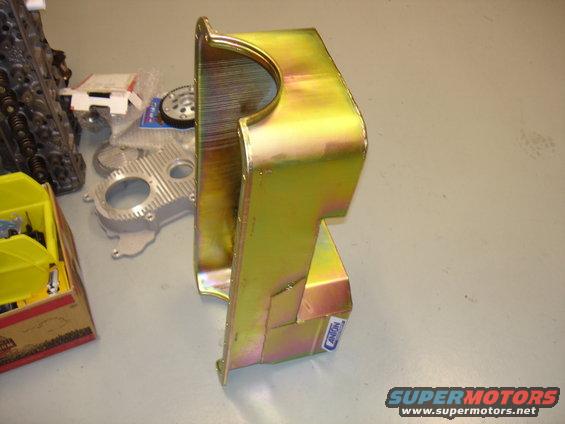 Yellow oil pan with blue label