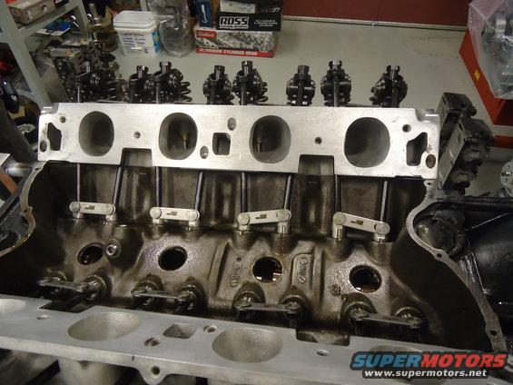 Engine block with cylinder head removed, showing valves and lifters
