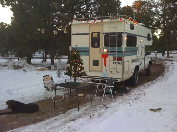 Rear view of a white camper truck with Christmas lights and a tree. 'Lance' is visible on the camper