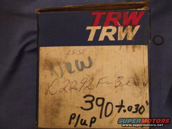 TRW parts box with handwritten labels and '390 + .030' and 'Plug'
