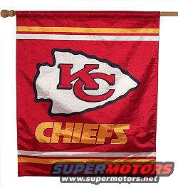 Red Kansas City Chiefs flag with white arrowhead logo and gold text