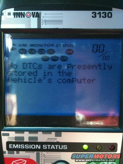 OBD-II scanner screen showing 'No DTCs are Presently stored in the vehicle's computer' and emission monitor status