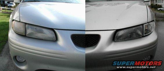 Split image of two 2002 Pontiac Grand Prix fronts, showing clear corner lights