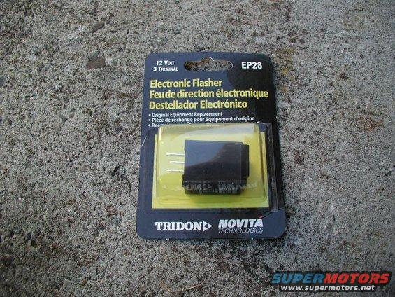 Electronic flasher part in packaging, labeled 12 Volt 3 Terminal, EP28, Tridon Novita Technologies