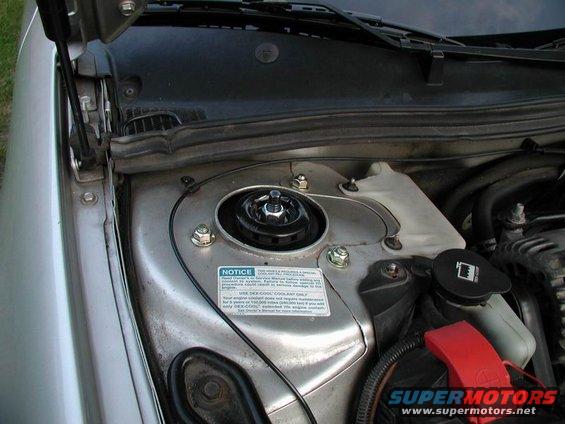 2002 Pontiac Grand Prix engine bay strut tower with notice sticker