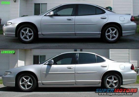 Silver 2002 Pontiac Grand Prix sedan, side view, showing stock and lowered suspension