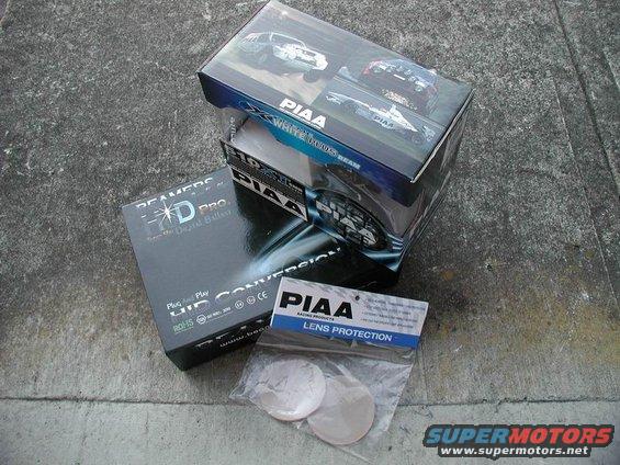 PIAA HID conversion kit box, PIAA lens protection package, and another PIAA box with car images