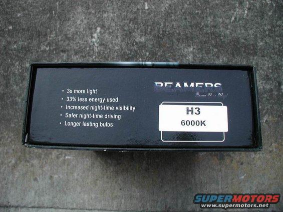 Black box with text listing bulb features and H3 6000K designation