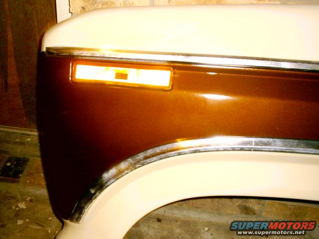 Close-up of a vehicle's front fender and amber turn signal assembly, with chrome trim