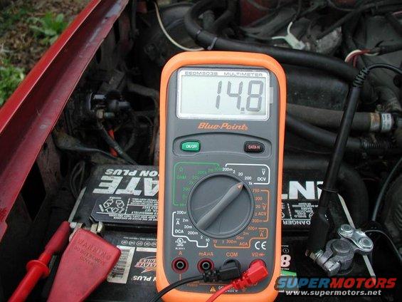 Blue-Point multimeter showing 14.8V connected to a car battery in an engine bay