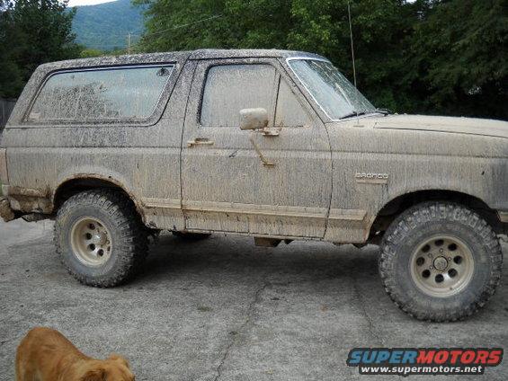 Side view of a muddy 1990 Ford Bronco. A dog is in the foreground