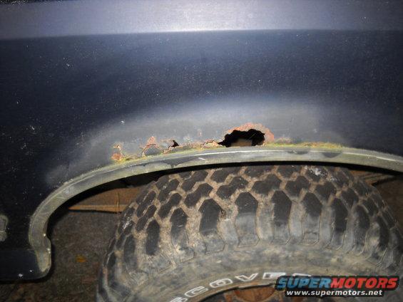 Close-up of rust hole in rear wheel well above a tire