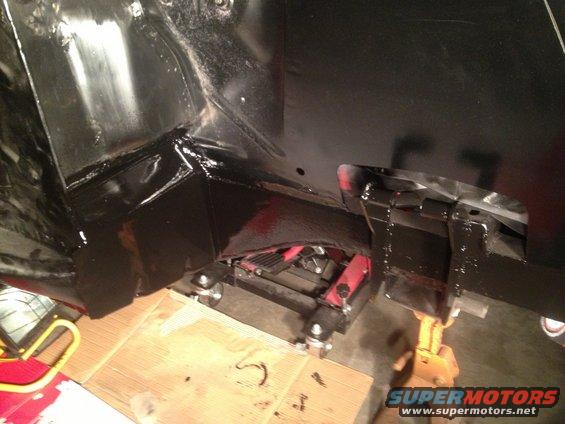 65 Mustang Coupe passenger side front torque box painted with POR15