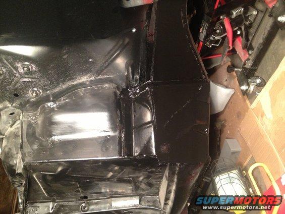 65 Mustang Coupe passenger side front torque box painted with POR15