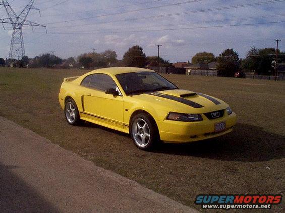 Yellow 2003 Ford Mustang coupe with black racing stripes parked on grass