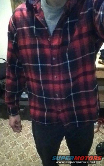 Person in red and black plaid shirt and dark pants standing indoors