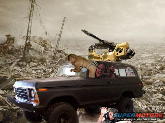Black SUV with a mounted gun on top, a woman leaning out the window, and zombies in the background. Scene looks like a disaster zone