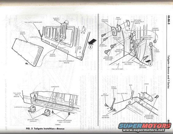 Diagram showing tailgate installation for a Bronco, with labels for parts like torsion bar, support, and hinges
