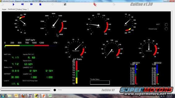 Dashboard gauges showing ECT, RPM, MPH, ALT, MAF, VecBoost, A/F Ratio, Advance, HEGO1, and HEGO2