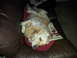 2001 Ford Fiesta - Dog relaxing on a brown leather couch with decorative pillows.
