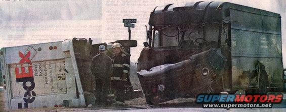 Crashed FedEx truck and tractor with firefighters present