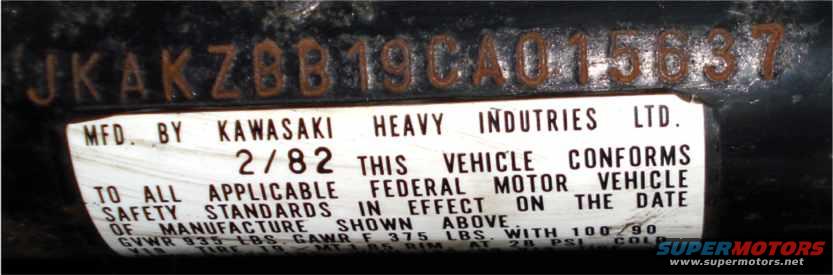 VIN plate showing manufacture date 2/82 and Kawasaki Heavy Industries Ltd