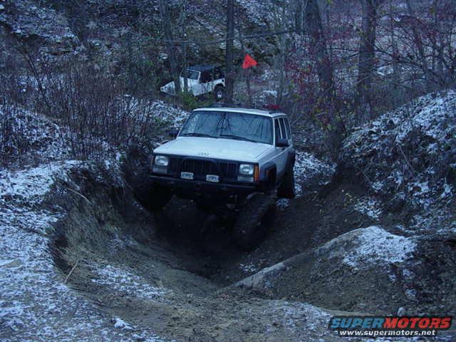 White Jeep Cherokee navigating a steep dirt incline with snow on the ground