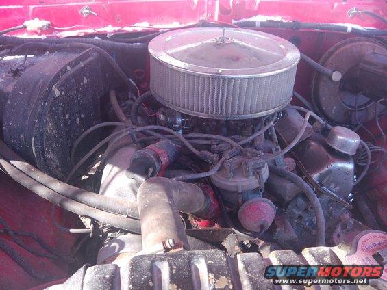 Engine bay showing air filter, distributor, hoses, and radiator