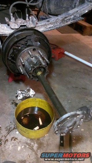 Vehicle axle and brake assembly removed, with a yellow pan of dark fluid nearby. A red jack supports part of the assembly