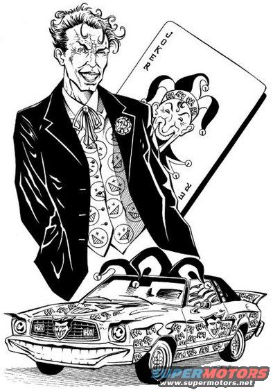 Black and white drawing of a 1974 Ford Mustang II with Joker-themed "HA HA" graffiti, viewed from the front three-quarter angle