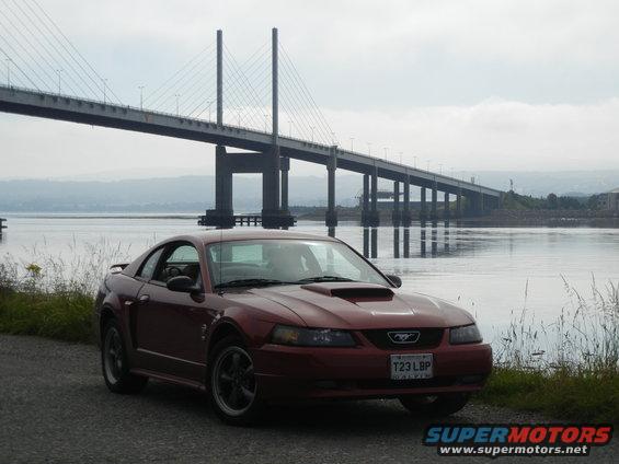 Red Ford Mustang coupe with hood scoop parked on gravel, large bridge and water in background