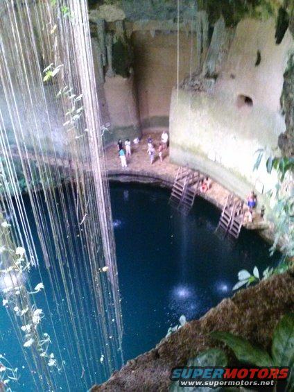 People gathered around a deep blue cenote with vines hanging down and wooden ladders leading into the water