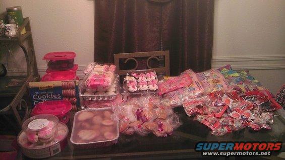 Table laden with Valentine's Day candy and cookies