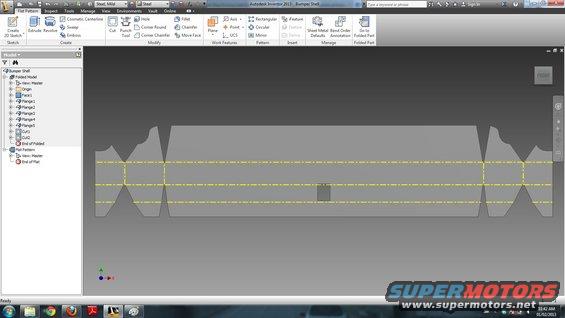 CAD software showing a flat pattern for a bumper shell
