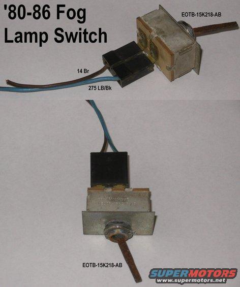 fogsw82.jpg '80-86 Fog Lamp Switch EOTB-15K218-AB

I found this in an '82 Bronco about the time I rolled mine, and installed it.  Now that I'm changing the body, interior, & wiring again, I've removed it from the scrap dash harness.  It still works smoothly & solidly, and with the dual-contact terminals, it appears to be a VERY heavy-duty switch, despite only being used to trigger a relay.

The lever accepts a wide variety of stock knobs, including the '78-82 Bronco rear window spike; the '80-86 truck A/C chrome or black knobs (what it originally had); & the '87-91 truck bk/wh A/C knobs.

In the factory installation, the lever protruded through a slit in an auxilliary bezel glued to the to main instrument cluster bezel, so the chrome ring visible here was never visible when installed.  The knob covers most of the lever, and most of the slit.

See also:

[url=http://www.supermotors.net/registry/media/894889][img]http://www.supermotors.net/getfile/894889/thumbnail/foglights8086.jpg[/img][/url]