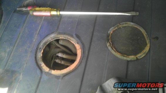 fuel pump access hole with fuel lines visible, and a screwdriver on top