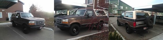 Front view of a dark brown 1992 Ford Bronco parked under a carport. The vehicle has black wheels and a tan top