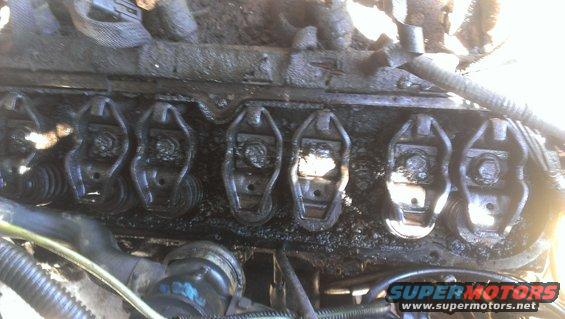 Close-up of engine valve train components, covered in oil and grime
