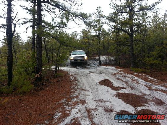 White pickup truck driving on a sandy, wooded dirt road