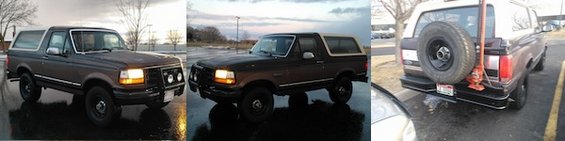 1992 Ford Bronco, 3q-front view, dark brown with white top, spare tire on rear